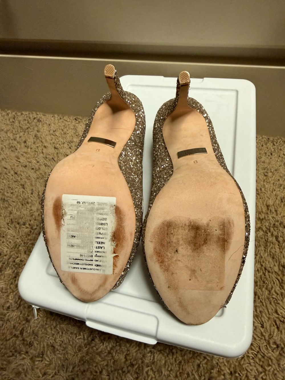 Badgley Mischka Rose Gold Glitter Peep-Toe Pumps with Crystal Accent - Picture 5 of 7